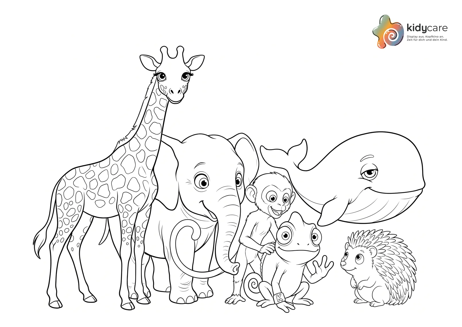 Ausmalbild mit Suri der Giraffe, Tuma der Elefantin, Nino dem Affen, Kidy dem Chamäleon, Malu dem Wal und Ida dem Igel.